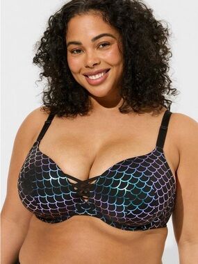 Torrid XO Boost Plunge Push-Up Bra 44D Mermaid Iridescent Black